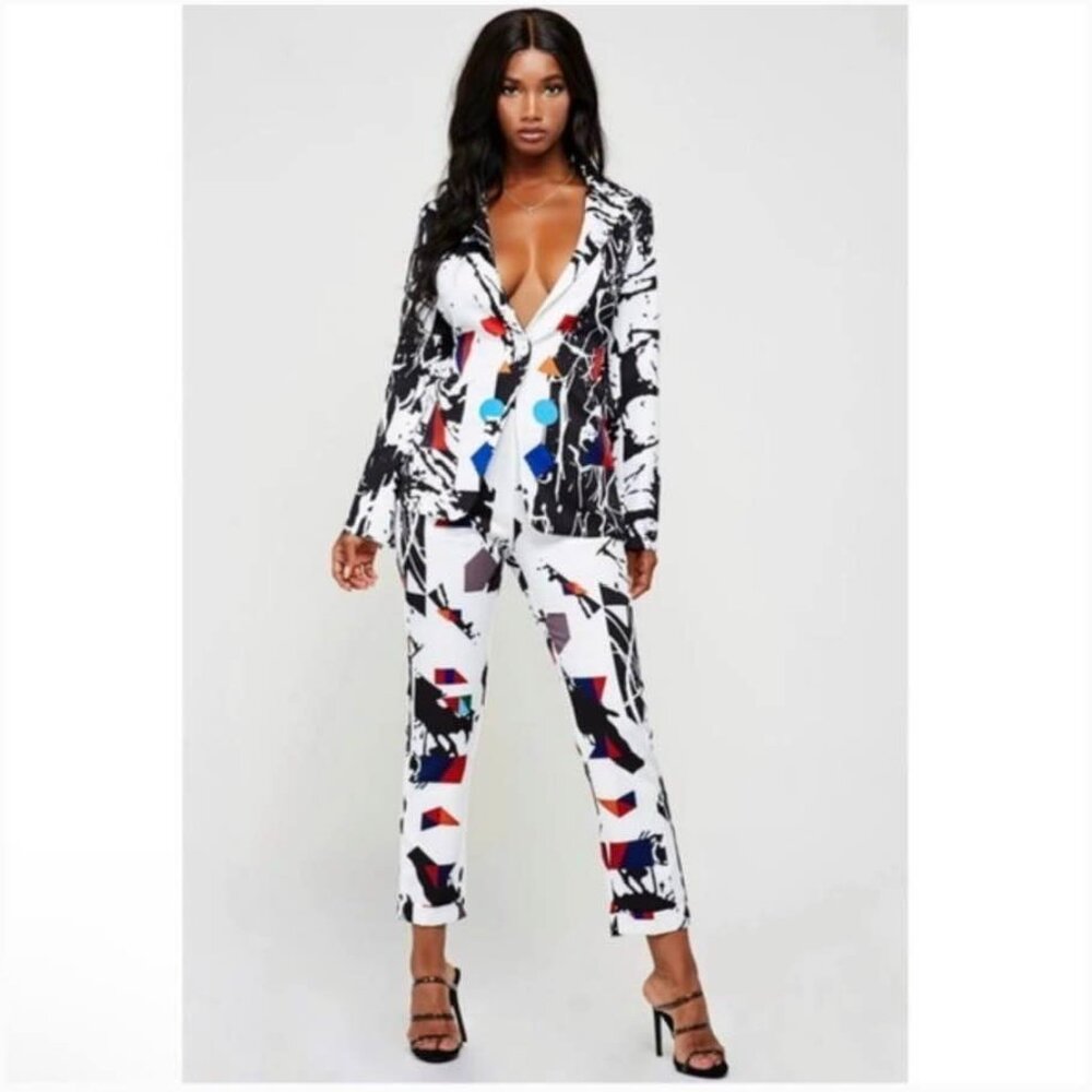 L'ATISTE Abstract Paint Splatter Print Pants Set Black & White Size M $120